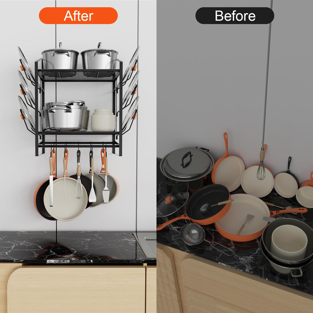 17 Inch Pot Rack Wall Mounted, 2 Tier Pots and Pans Organizer with 10 Hooks and 6 Pot Lid Holders, Heavy Duty Steel