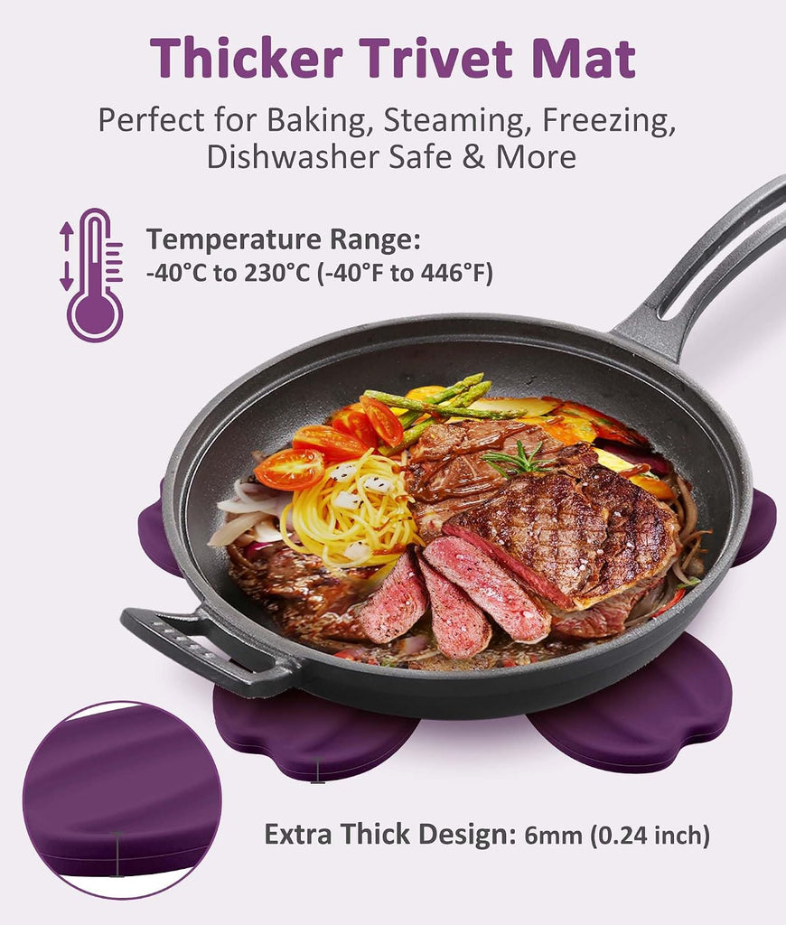 Silicone Trivet Mat - 6 Flower-Shaped Silicone mats + 1 Stand, Non-Slip & Heat Resistant Kitchen Hot Pads for Table & - Set of 7