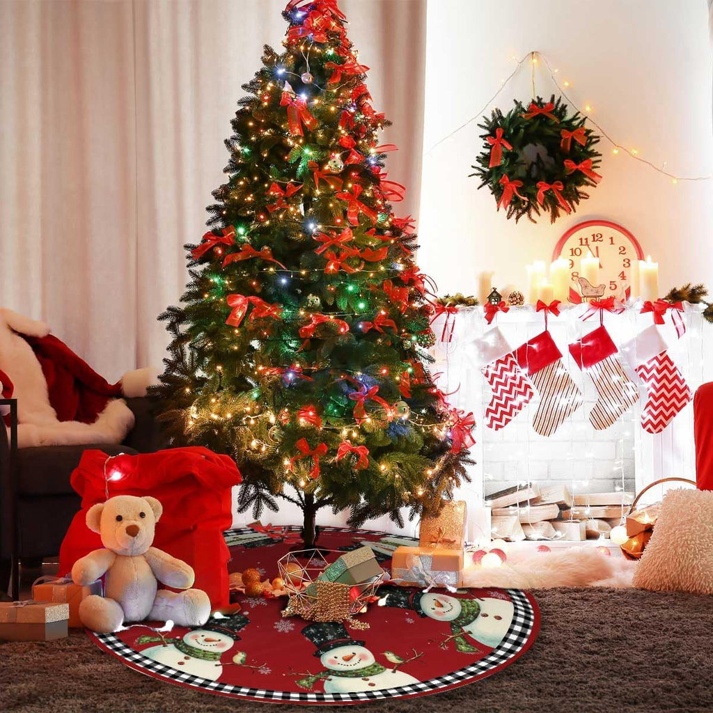 Red Snowman Christmas Tree Skirt 48 inch Buffalo Plaid Tree Decorations