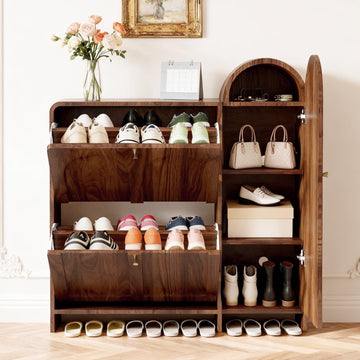 Arched Cabinet with Doors-Shoe Cabinet, Hidden Shoe Rack, Shoe Stand Compact Shoe Storage in Walnut