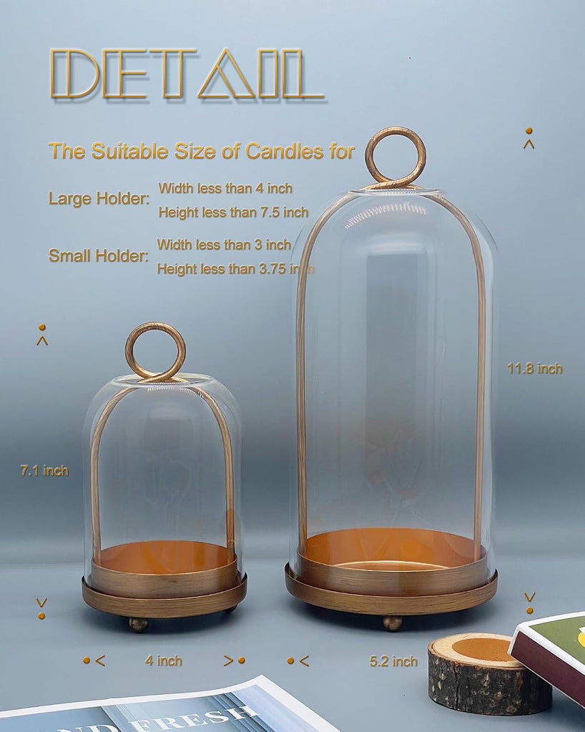Glass Hurricane Candle Holders for Pillar Candles, Set of 2 (5" & 4" Wide) with Lamp Shape Glass Dome & Brass Base