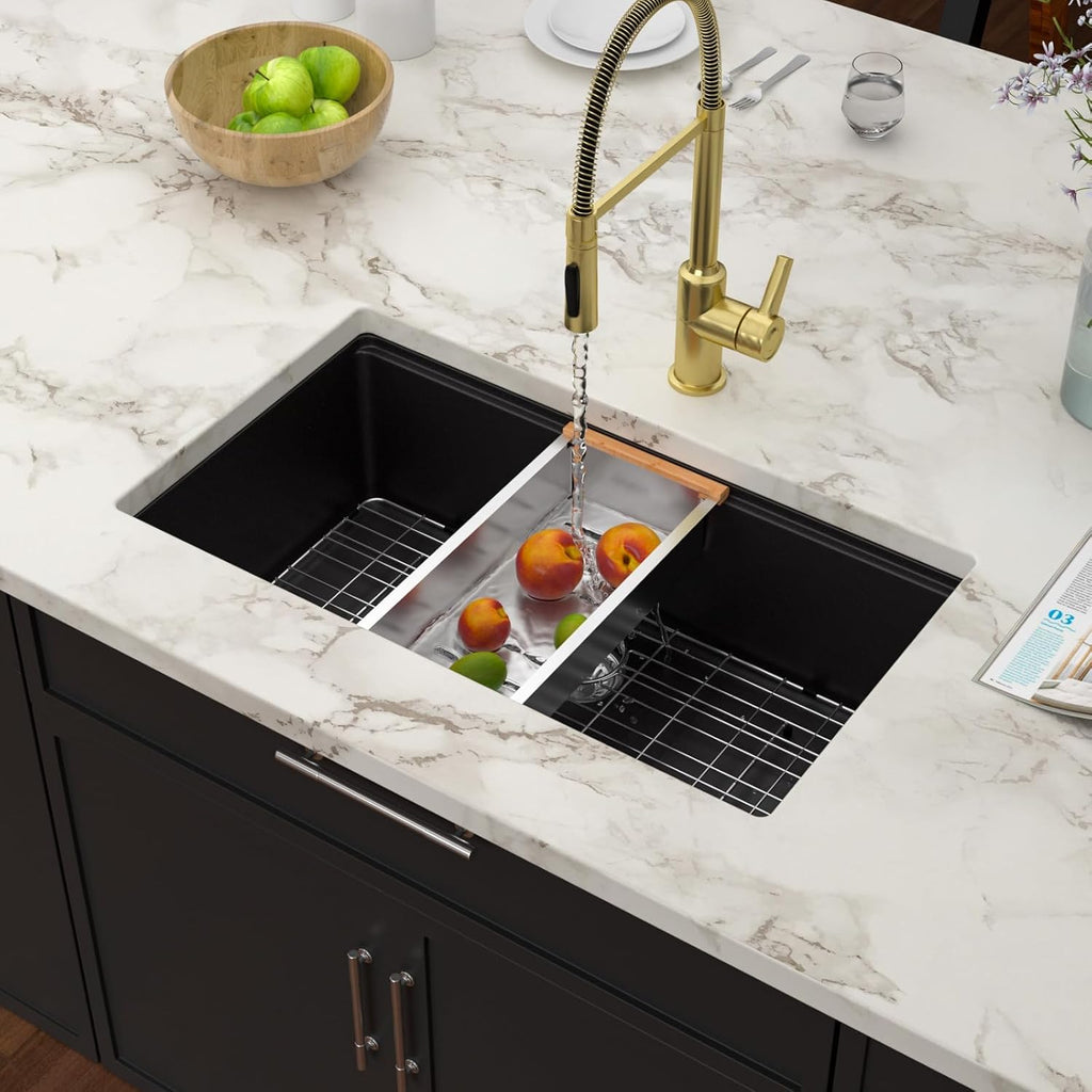 Black Granite Composite Undermount Kitchen Sink Workstation - 30 Inch Matte Black Quartz Undermount Single Bowl