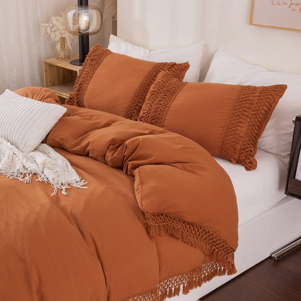 Rust Tassel Pillowcases, Burnt Orange Boho Pillow Cases Set of 2, 100% Washed Microfiber, Boho Hand-Made Tassel