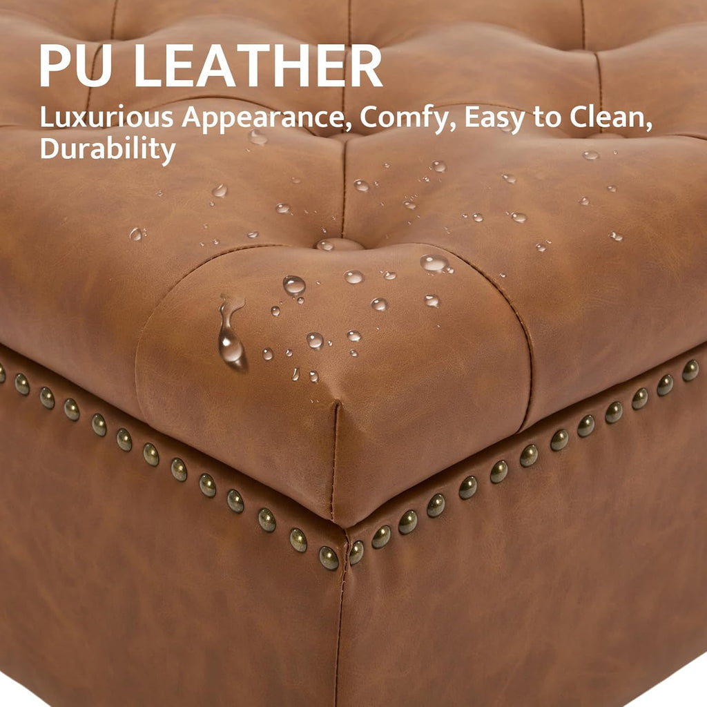 Large Square Storage Ottoman Uphlostered PU Button Coffee Table, Brown | Oversized Footrest Bench With Castered
