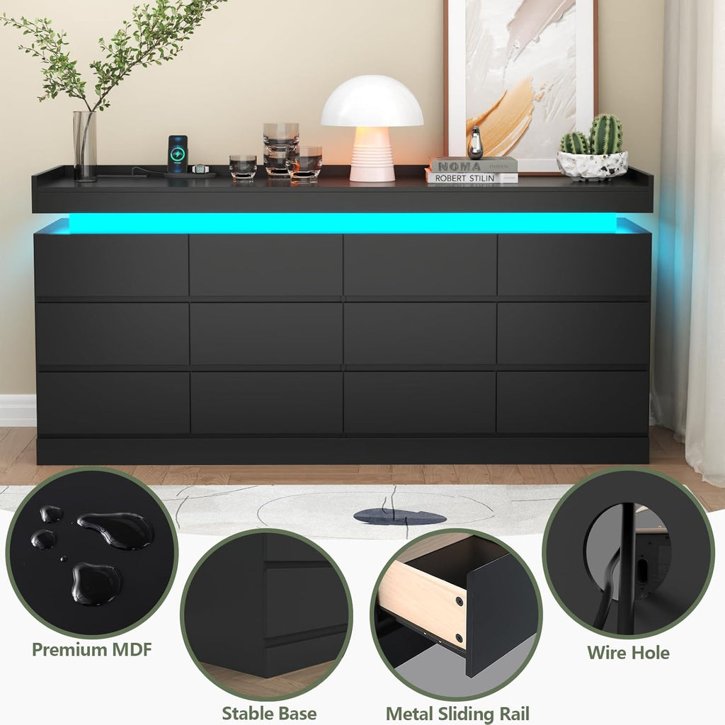 12 Drawer Dresser with Power Outlet, Modern Dresser with LED Light | Chest of Drawers for Closet, Double Wide Drawer