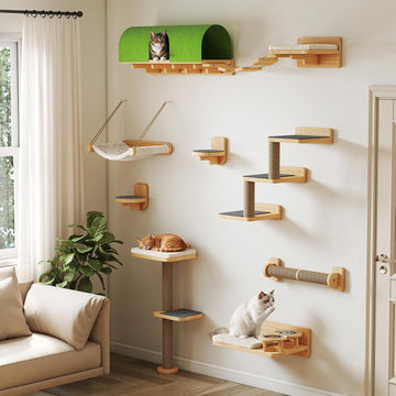 10PCS Cat Wall Shelves, Pine Cat Climbing Wall Furniture with Tunnel