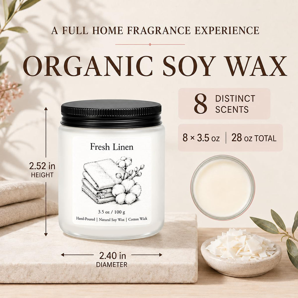 Scented Candles Gift Set 8-Piece, Soy Candles in Frosted Glass, Fresh by Day, Cozy by Night - Eight 3.5 oz Soy Candles