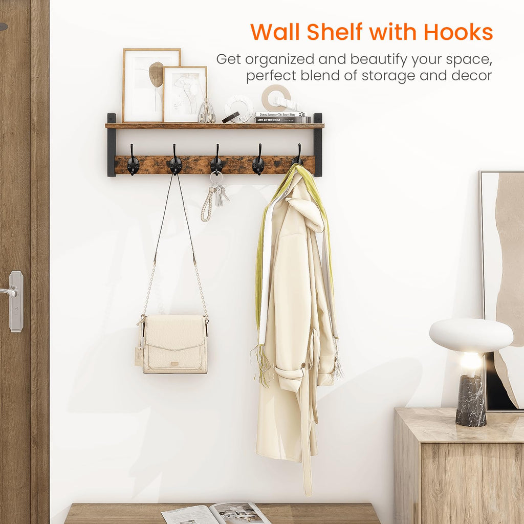 Coat Rack with Wall Mount, 24 Inch Long Entryway Wall Shelf with Hooks, Wood Hanger with Storage Shelf, Rustic Brown