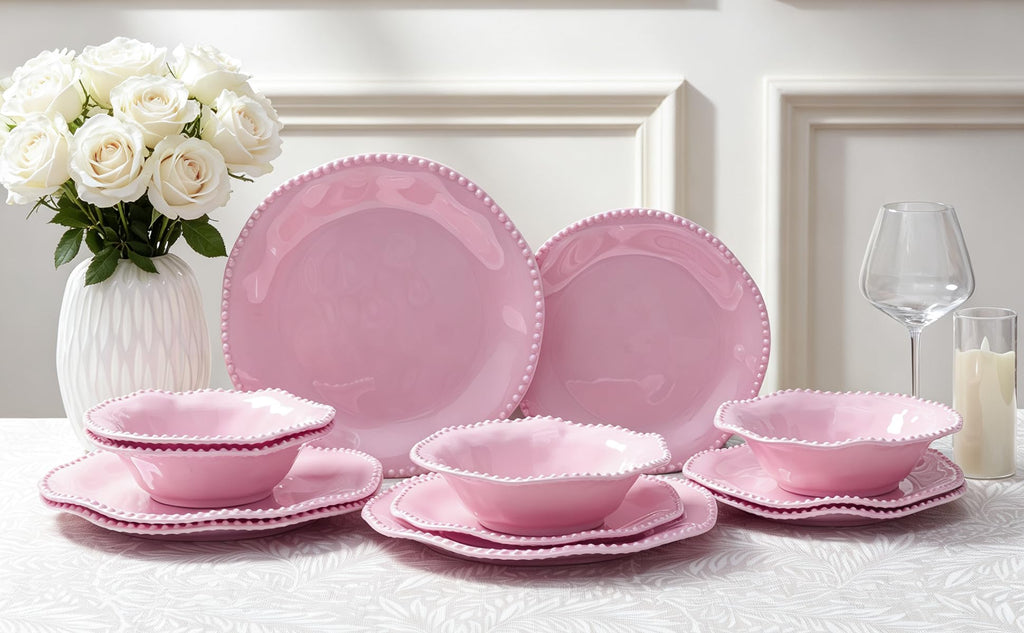 Pink Beaded Melamine Dinnerware Set, 12pcs Dots Plate and Bowl Set