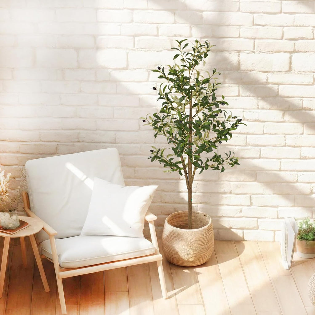 5ft Artificial Olive Trees Indoor, Faux Olive Tree with Natural Wood Realistic Leaves Lifelike Fruits Fake Olive