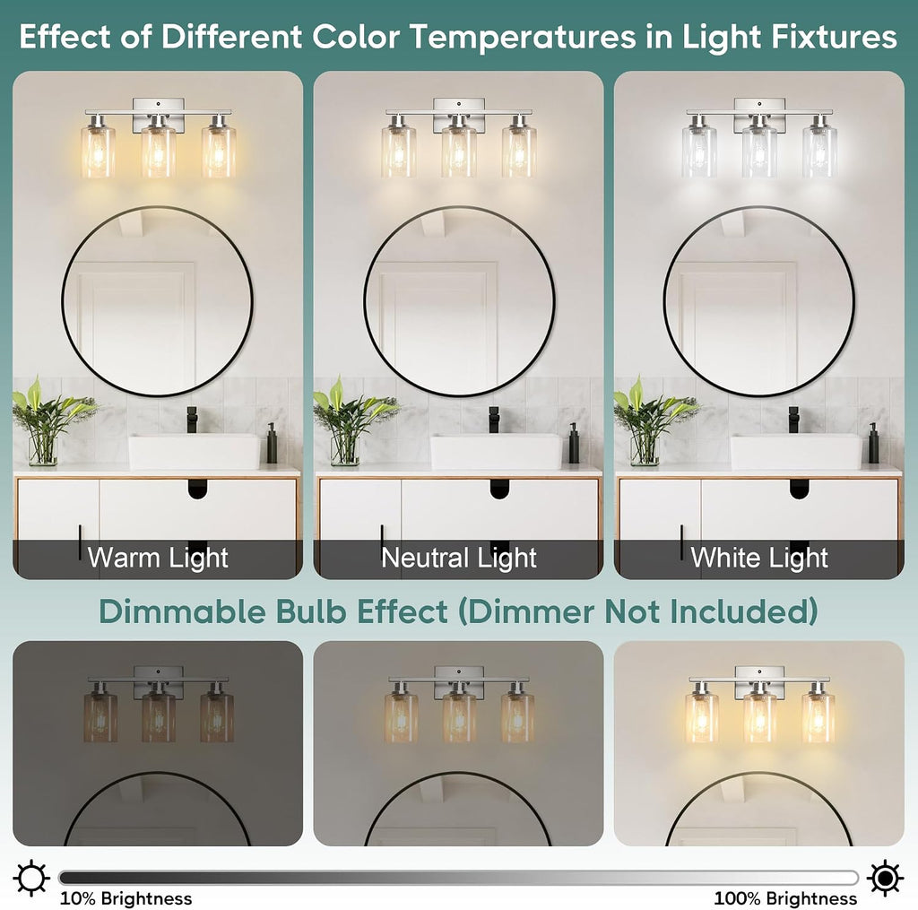 Bathroom Light Fixtures, 3-Light Vanity Light Over Mirror, Brushed Nickel Wall Sconces with Clear Glass Shades, Wall