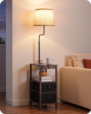 Floor Lamp with Table Dimmable USB Type-C Ports, Fire-Burned Wood