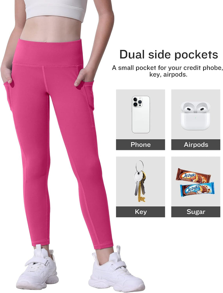 Girls' Athletic Leggings with Pockets, 5 Packs Kids Teen Dance Yoga Workout Running Pants