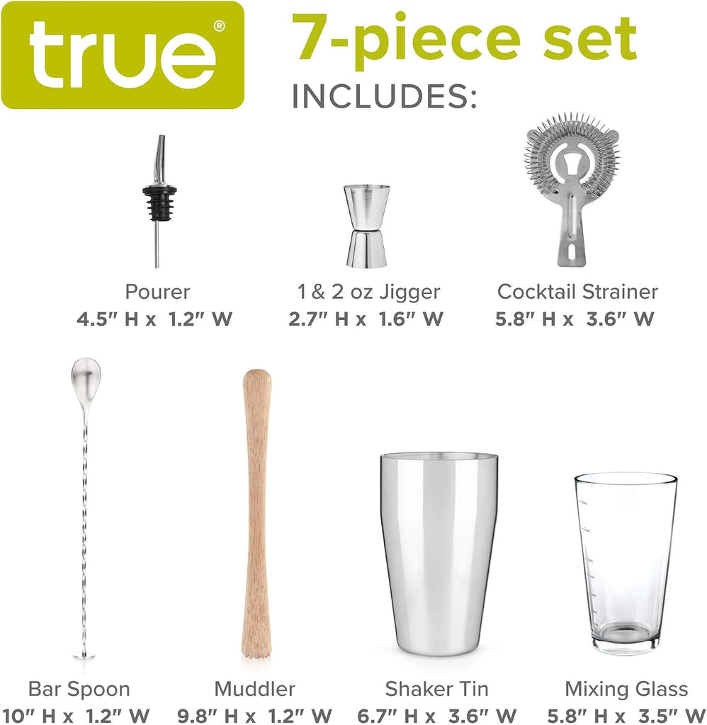 7-Piece Barware Set for Mixed Drinks and Cold Brew Cocktails, Includes Boston Cocktail Shaker Tin, Mixing Glass - Set of 7