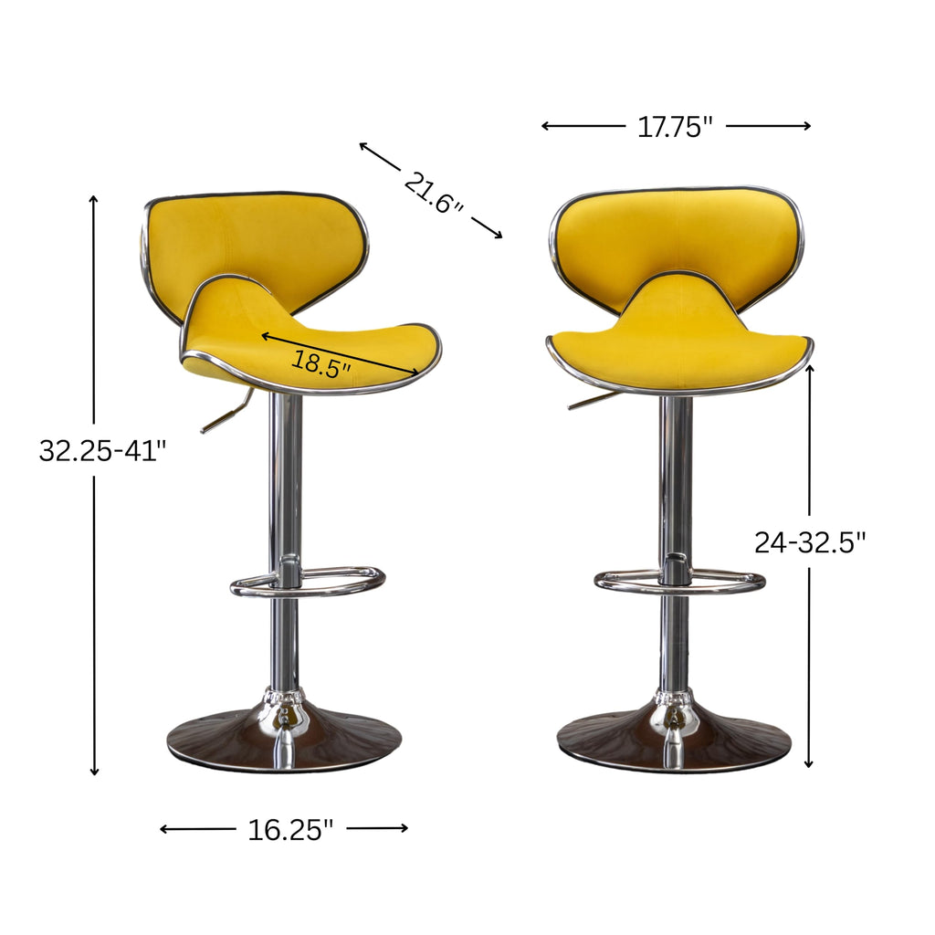 Masaccio Velvet Upholstered Adjustable Swivel Barstool, Set of 2, Yellow