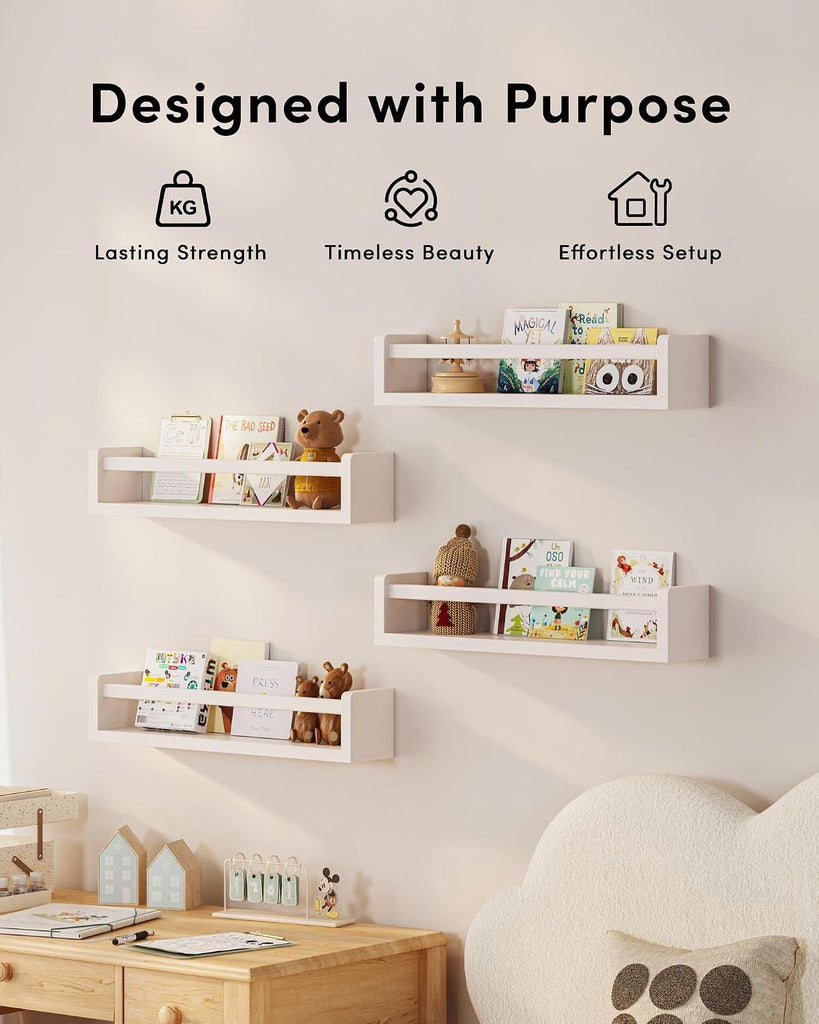 Set of 4 Wall-Mounted Kid's Bookshelf - White Floating Nursery Book Shelves - Durable Wood Construction - Ideal