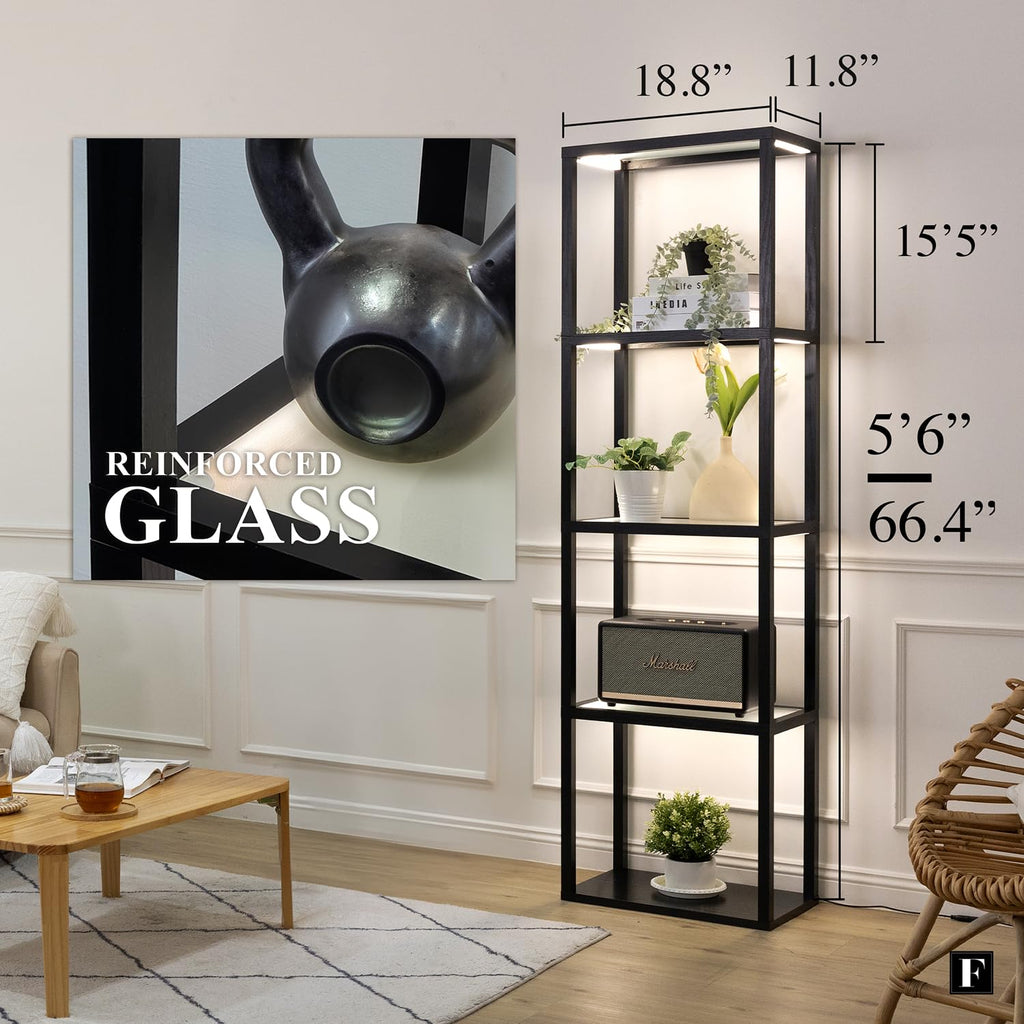 LED Display Shelf with Lights - Glass Display Cabinet for Collectibles with Dimmable Lighting, App & Remote Control