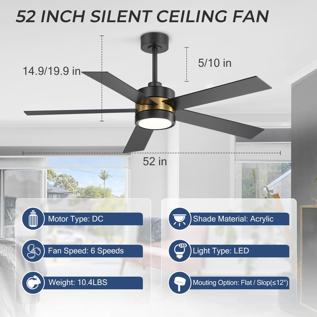 Ceiling Fan with Light, 52 Inch Modern Industrial Ceiling Fan with Reversible DC Motor, Downrod Mount Black and Gold