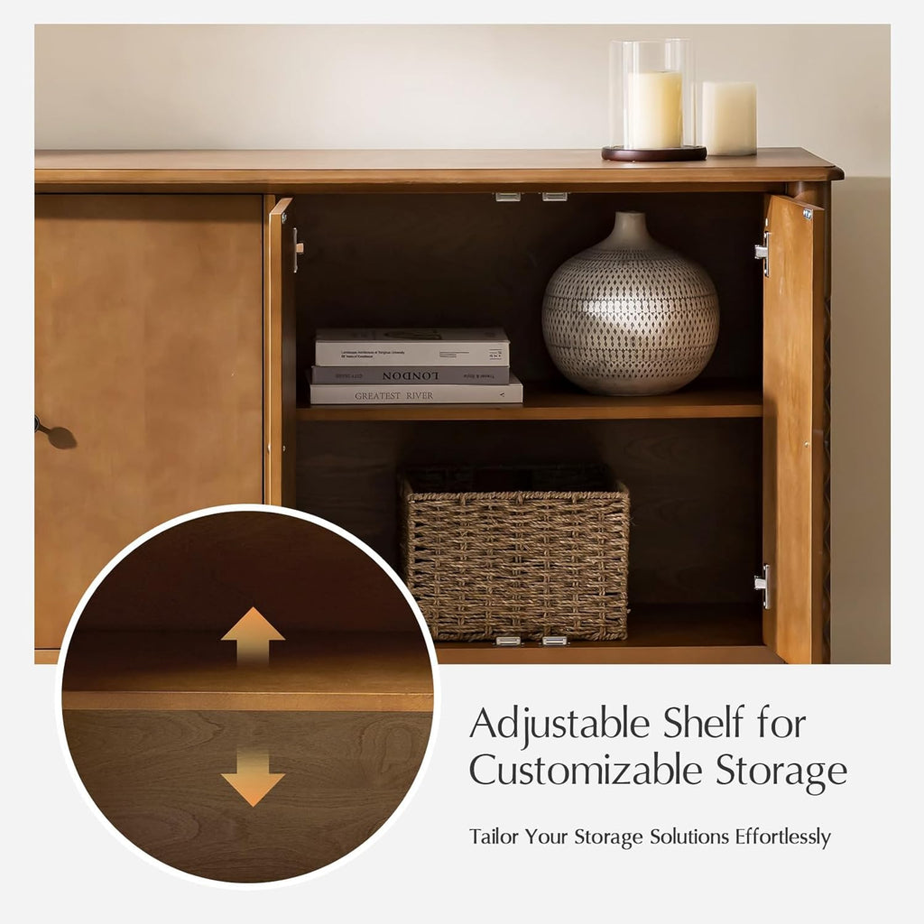 60" Sideboard Cabinet with Spindle Design, Transitional Storage Cabinet with 4 Doors, Adjustable Shelves
