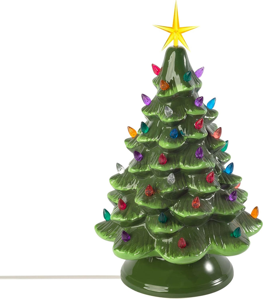Classic Ceramic Christmas Tree - 15.5" Vintage Green Tree with Separate Base, Multi-Color Lights, Power Cord, Bulb