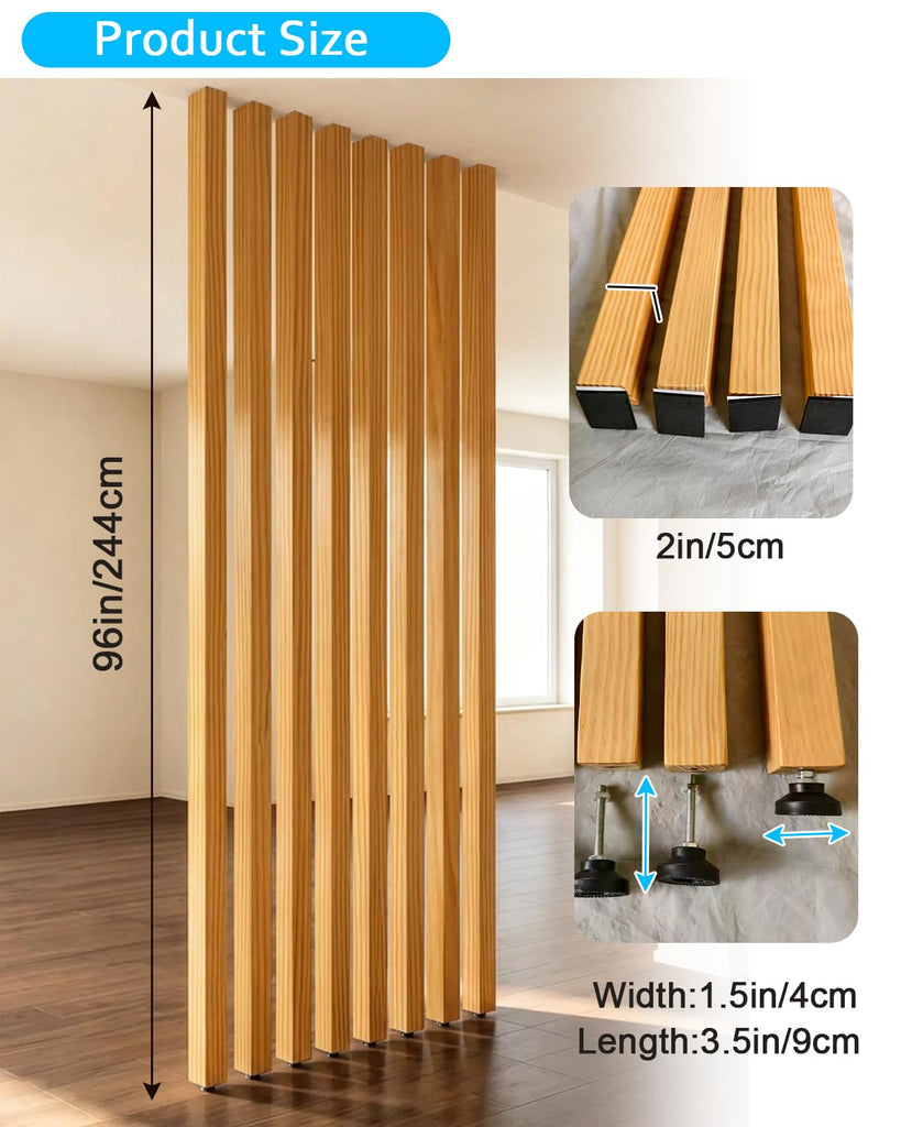 8′ Partition Posts Room Divider, Natural Wood Grain Screen Divider Columns
