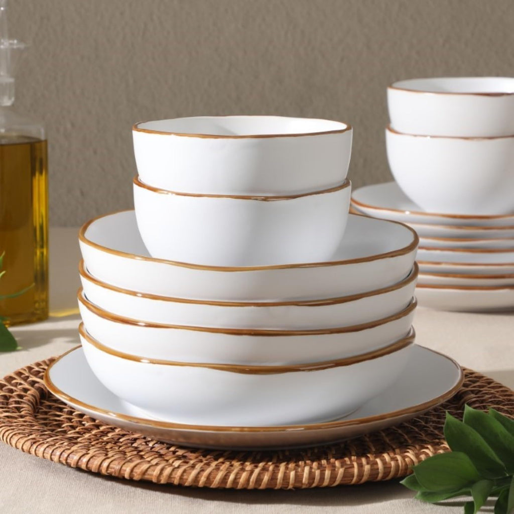 Hazeltine 16-Piece White Stoneware Dinnerware Set - Plates and Bowls, Durable Ceramic Kitchen Dinner Set