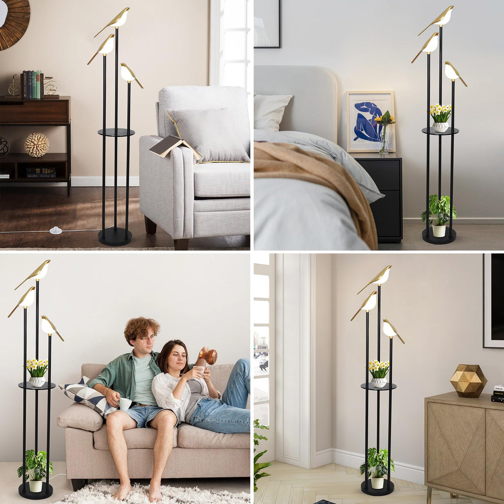 Black and Gold Floor Lamp, Bird Floor Lamp with Shelves, Modern floor Lamps, 3-Light Corner Standing Lamp, LED Stand