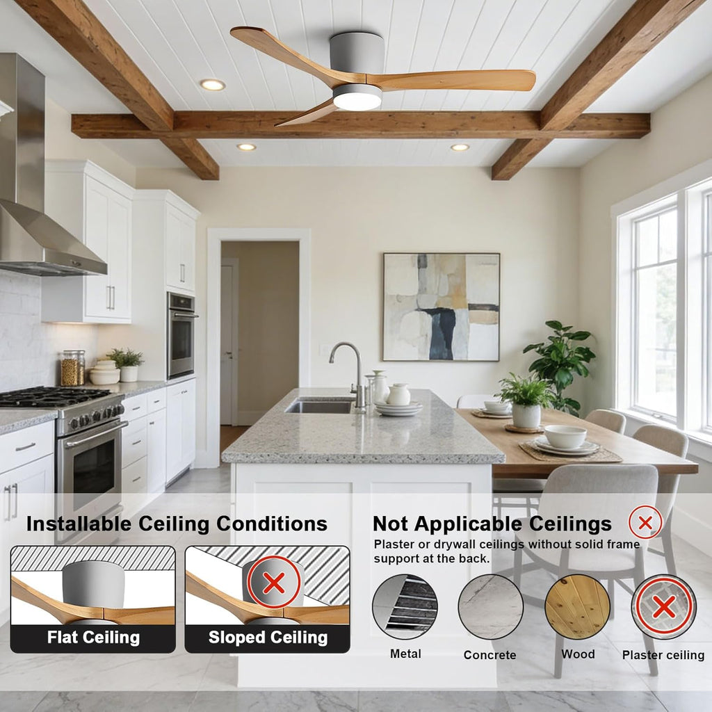 48" Quiet Ceiling Fan with LED Lights - 6 Speed Remote, 3 Color Temperatures, Modern Wood Flush Mount Ceiling Fans