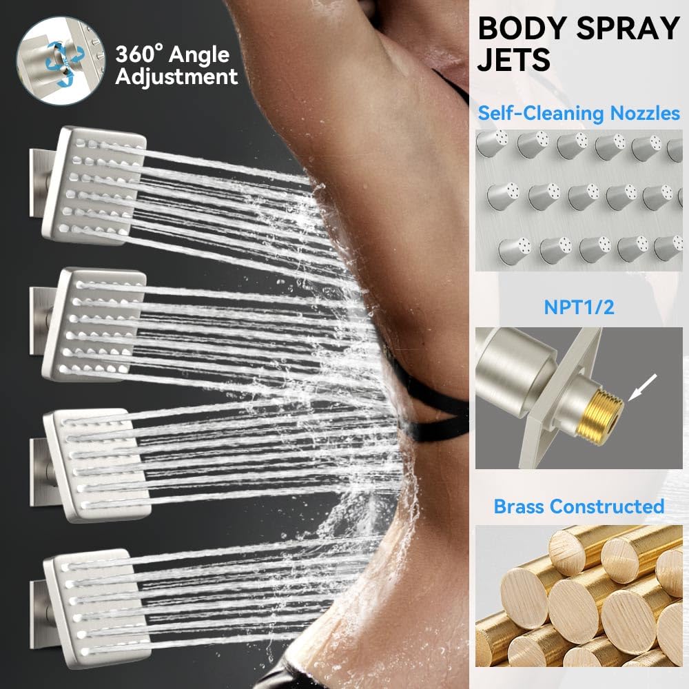 Thermostatic Shower System with Body Jets, 12" Rain Showerhead with 2 Modes Handheld Spray, Can Use All at Once