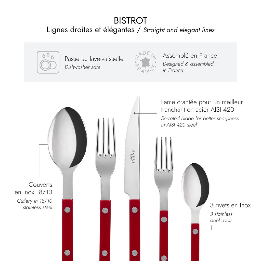 Flatware Set - Bistrot Collection - Knife, Fork, Soup Spoon, Teaspoon & Dessert Fork - Stainless Steel &