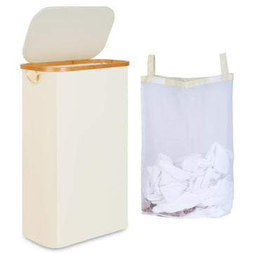 65L Slim Laundry Hamper, Narrow Laundry Basket with Lid,Foldable Clothes Hamper with Bamboo Handles,Hamper Basket