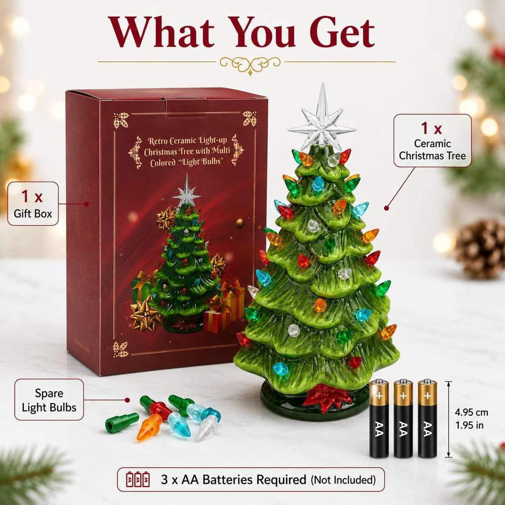 13 Inch Ceramic Christmas Tree with Multicolored Lights and Star, Battery Operated Vintage Lighted Tabletop Christmas