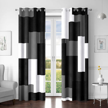 Black Grey 100% Blackout Curtains for Bedroom 96 inch Long 2 Panels Set White Grey Modern Abstract Geometric Black
