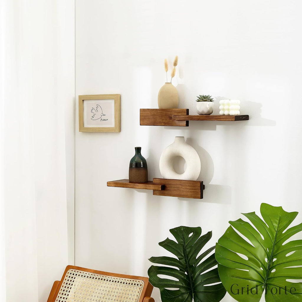 Wood Floating Shelf Set of 2, 4.5D x 15W Inch Modern Reversible Wall Shelves, Minimalism Wall Mount Hardwood Shelves