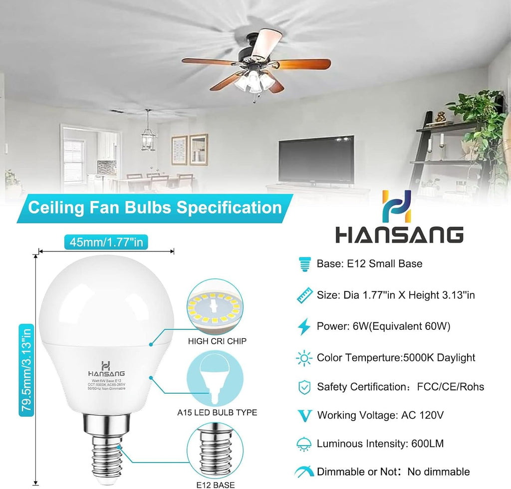 8 Pack E12 LED Ceiling Fan Light Bulbs 6W, 60W Equivalent 5000K Daylight