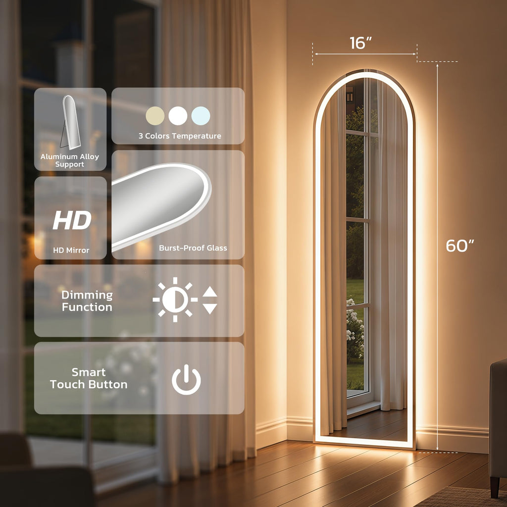 Full Length Mirror with LED Lights, 60"x16"Floor Mirror with Dimming & 3 Color Lighting, Free Standing Floor Mirrors