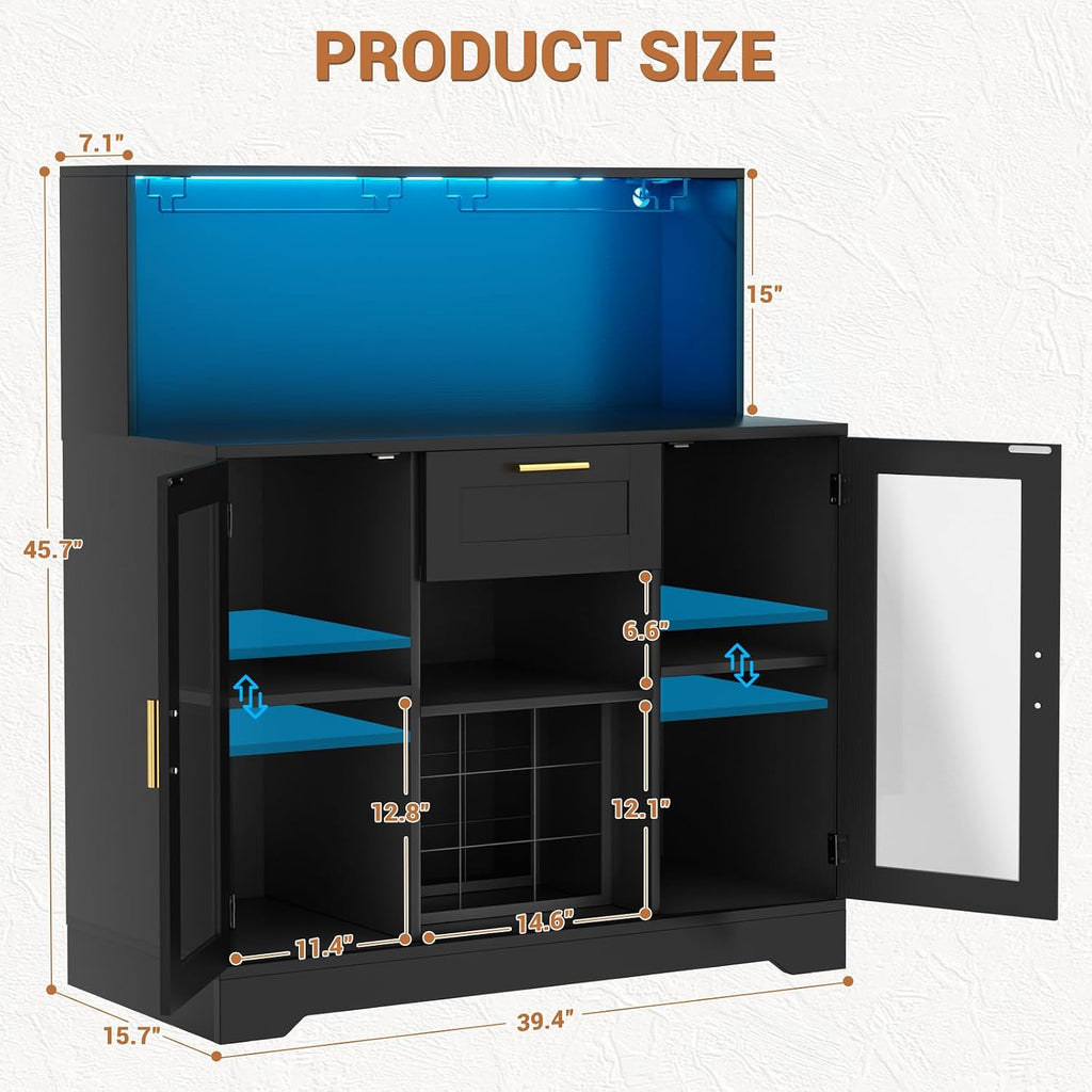 Coffee Bar Cabinet with LED Light and Storage Hutch, Black | Liquor Wine Bar Cabinet with Drawer, Wine Rack, Glass