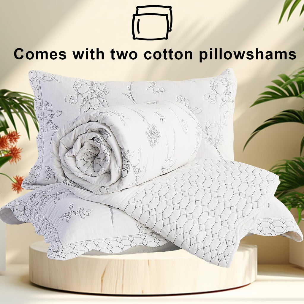 100% Cotton Bedspread, 3 Pieces Floral Pattern Stitching Quilt Oversized Embroidery Bedding
