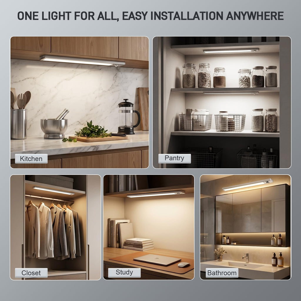 4Pack Aluminum Under Cabinet Lighting, 12inch Rechargeable Ultra-Thin Magnetic Motion Sensor Closet Lights, 3 Colors