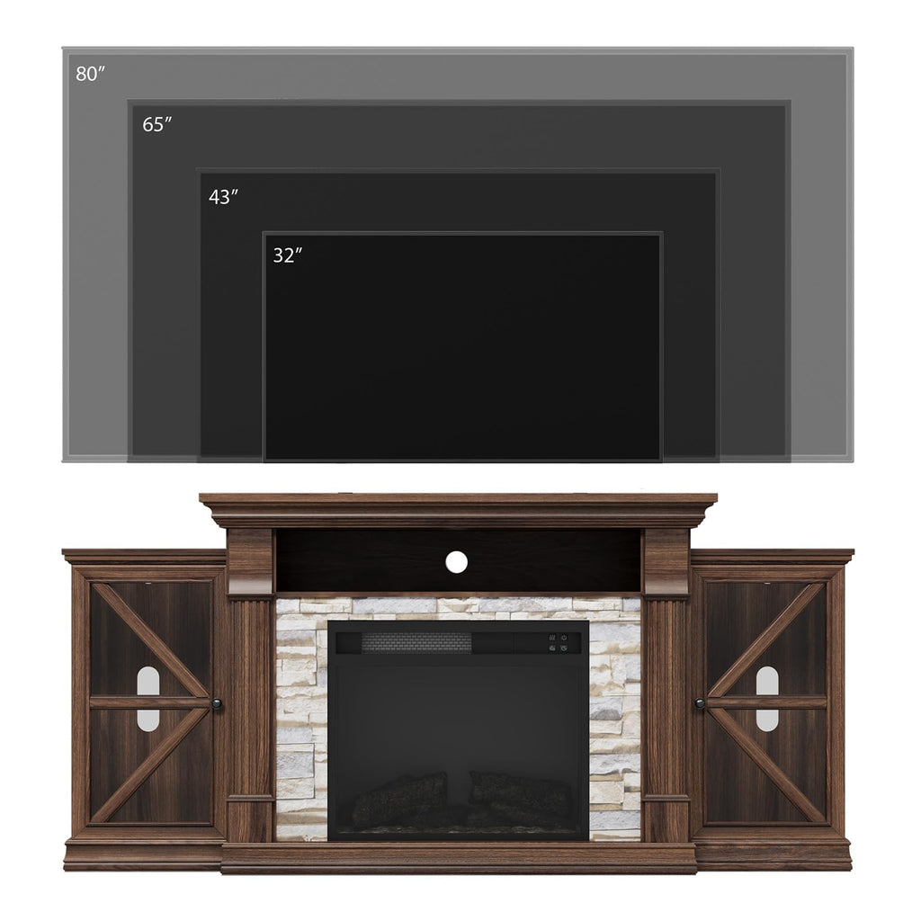 Electric Fireplace TV Stand, 70" Farmhouse Entertainment Center with Open Shelf and Glass Barn Door Cabniet, Modern