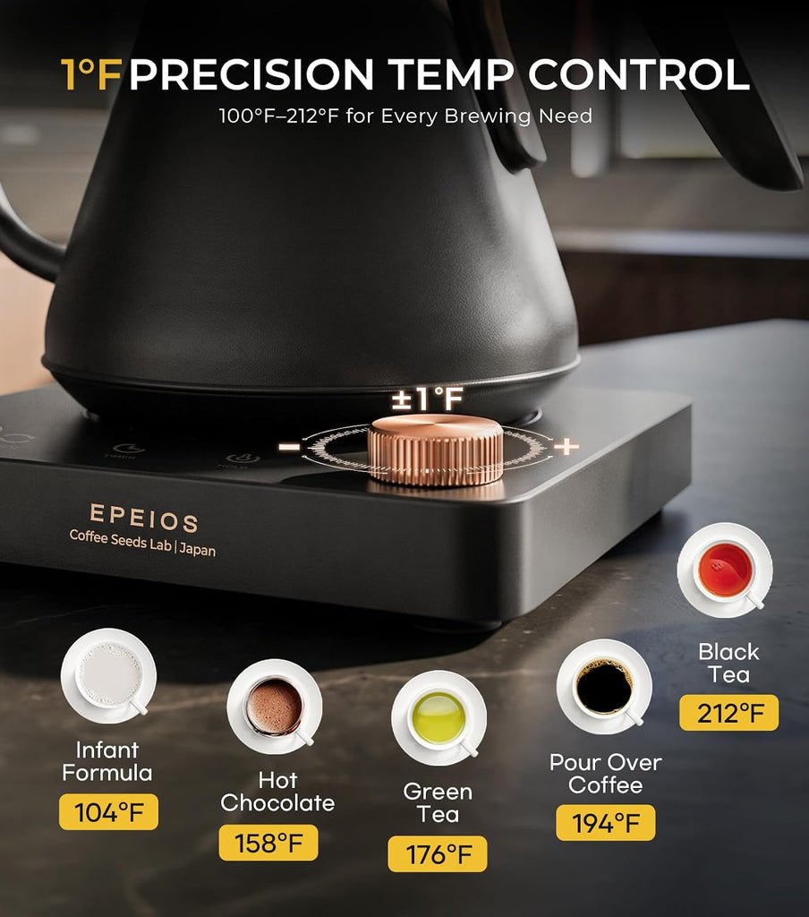 Gooseneck Electric Kettle 1°F Temperature Control,1200W,0.9L,Black | Rapid Heating, for Pour Over Coffee & Tea,Hot