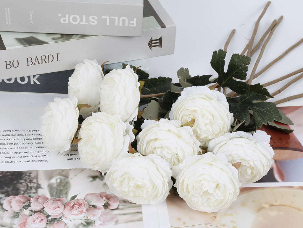 10pcs White Peonies Artificial Real Touch Silk Peonies with Stems Fake Peony for DIY Wedding Bouquets Bridal Shower
