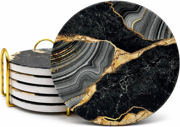 Elegant Black & Gold Marble Ceramic Coasters with Gold Metal Holder - Round Drink Coasters for Coffee - Set of 6