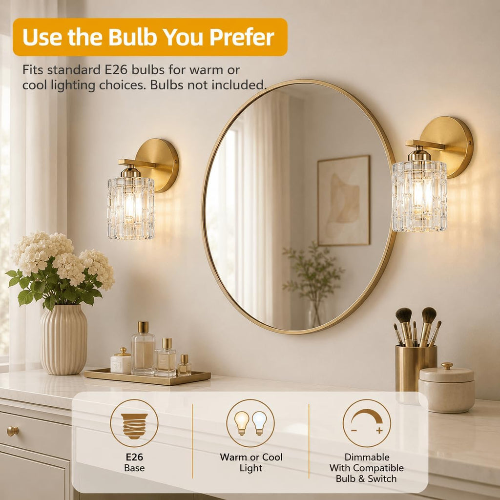2-Pack 1-Light Modern Matte Black Crystal Wall Sconces, Hardwired Indoor Bathroom Vanity Light Fixtures, Crystal Over