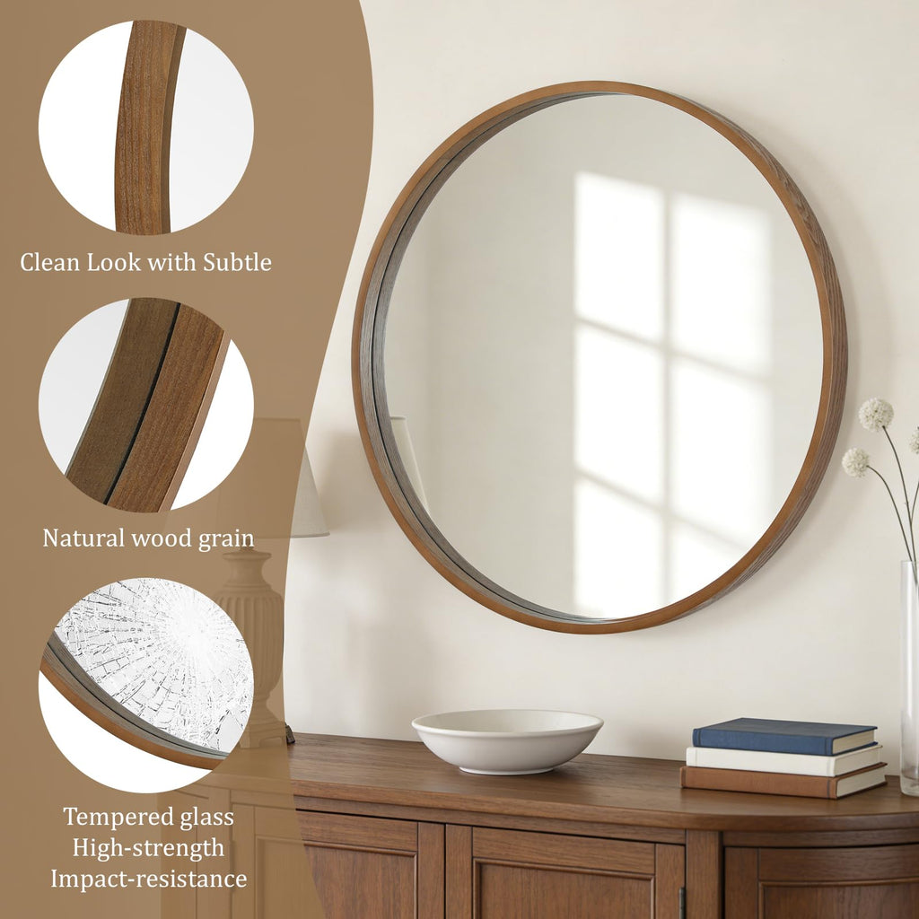 Round Wood Mirror, 32" Round Modern Decoration Large Circle Wall Mirror Living Room Bedroom Entryway, Walnut