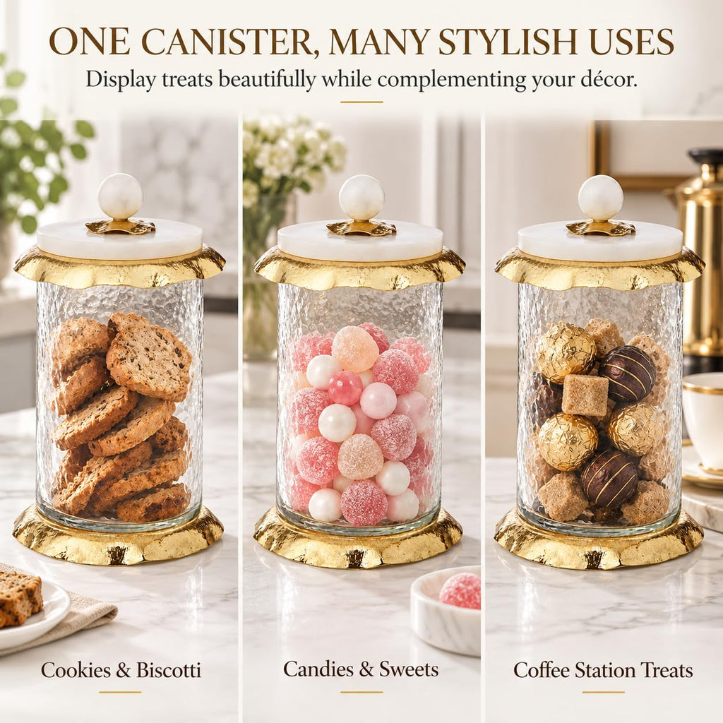 Glass Canister with Marble Lid and Gold Ruffle Design (3 sizes) (Medium)