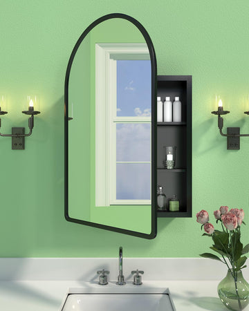 19.7"x31.5" Black Medicine Cabinet with Mirror and Organizer, Arched