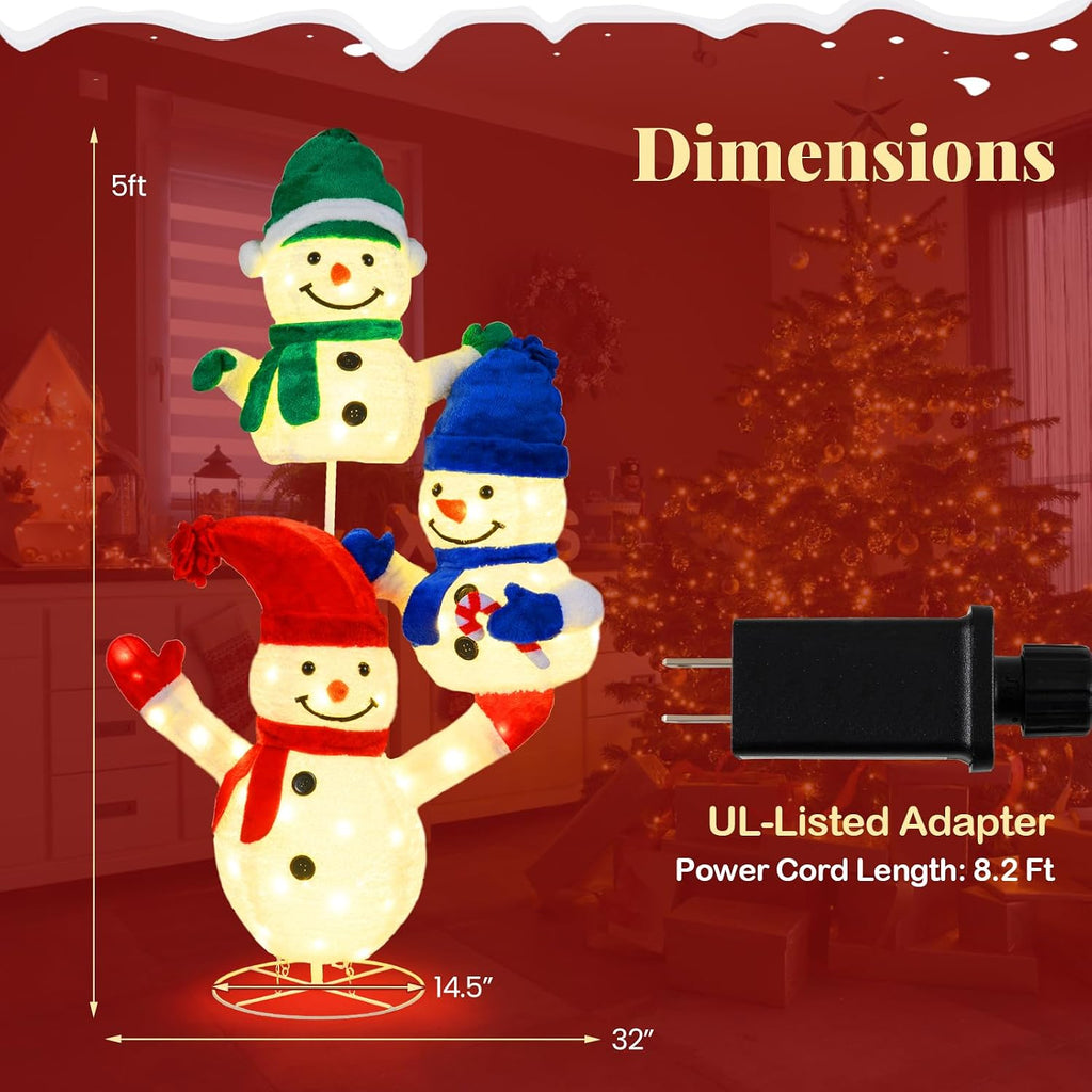 5 FT Christmas Lighted 3 Stacked Snowman, 3D Xmas Light-up Snowman