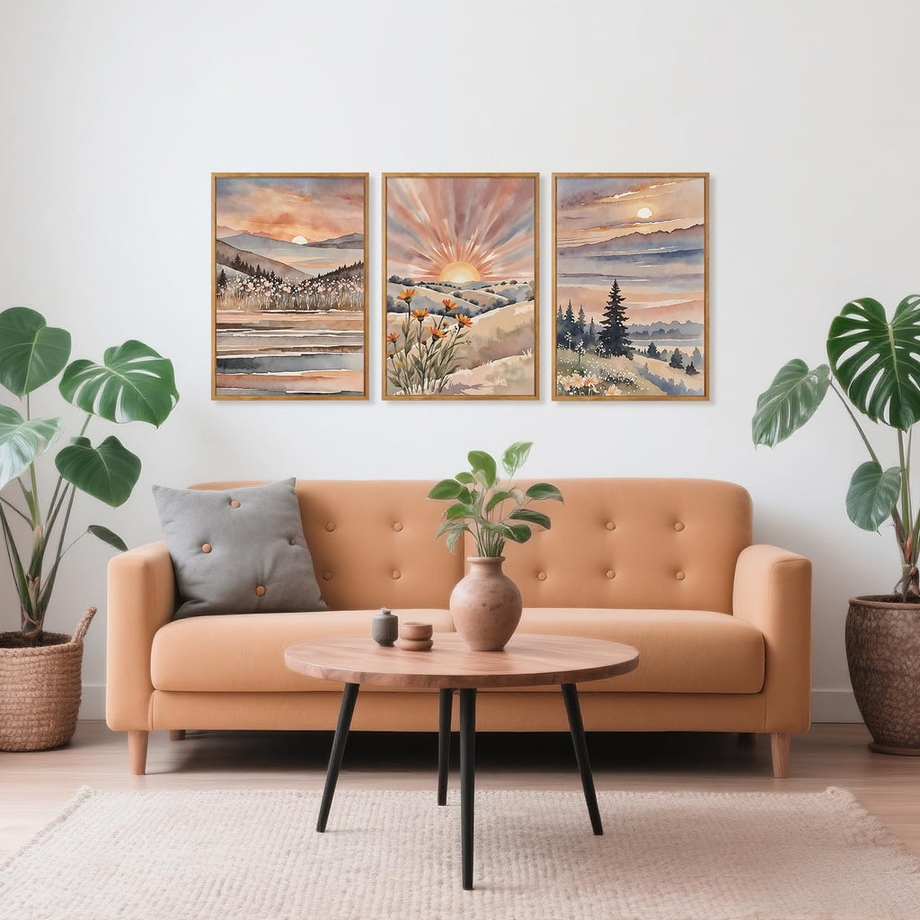 Boho Sun Canvas Wall Art Set, Sunrise and Sunset Mountain Wall Decor, Watercolor Mountains Landscape Art Prints