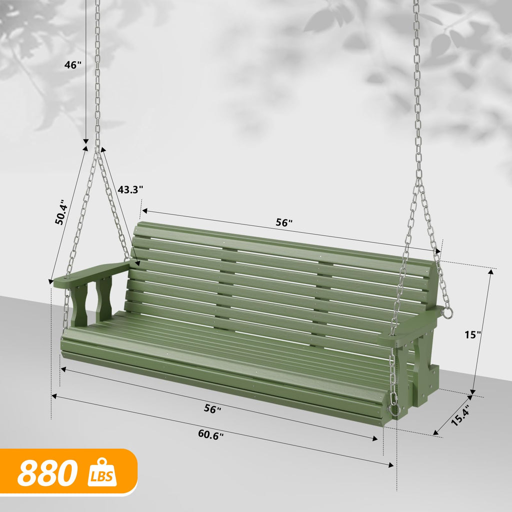 2026 Upgraded 5 FT Wooden Porch Swing, 880 LBS Heavy Duty, Green